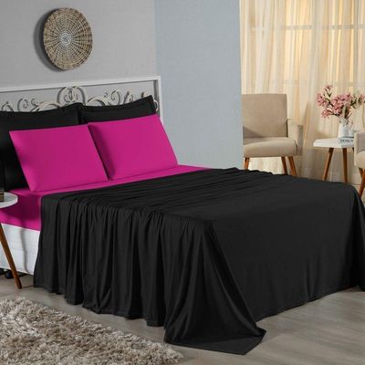 Jogo De Cama Casal Nobre 4 Peças Lençol Com Elástico De 30cm De Altura Malha 100% Algodão - Preto / Pink