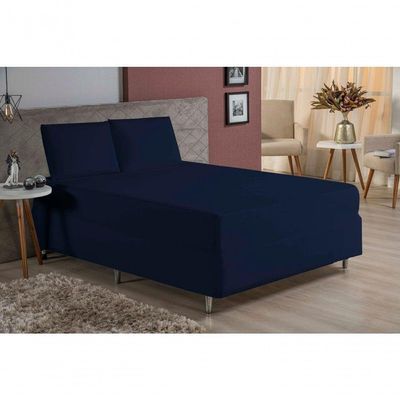 Jogo De Cama Casal Nobre 3 Peças Luva De Box 55cm De Altura Malha 100% Algodão - Azul-marinho