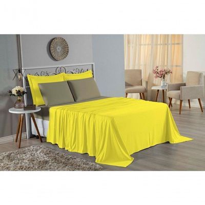Jogo De Cama Casal Viúva Nobre 4 Peças Malha 100% Algodão - Amarelo / Avelã