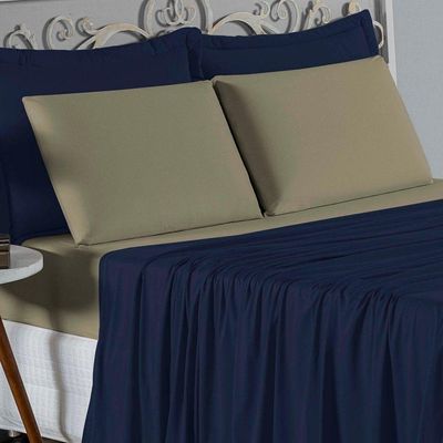 Jogo De Cama Casal Viúva Nobre 4 Peças Malha 100% Algodão - Azul-marinho / Avelã