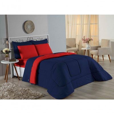 Kit Edredom Dupla Face + Jogo De Lençol Queen Nobre 7 Peças Malha 100% Algodão - Azul-marinho / Vermelho