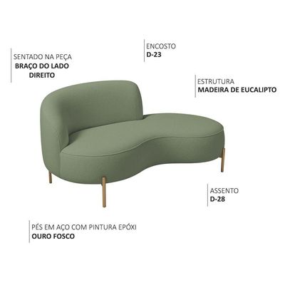 Sofá Curvo 3 Lugares 180cm Braço Dir. Thommy Pés Ouro Bouclé Verde Claro - Nexta Casa