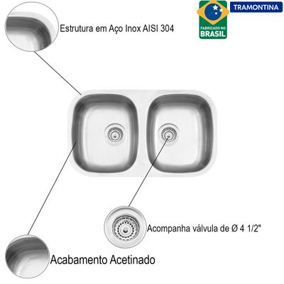 Cuba Dupla de Embutir Isis Aço Inox Acetinado 2C 34 BL - Tramontina 94030/102