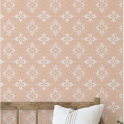 Papel de Parede Vinílico Autoadesivo com Azulejo Floral Ornado Laranja, Fácil DIY para Quarto Estilo Fazenda, Sala e Armários - S4Sassy 63,5 cm (L) × 609,6 cm (C) / Laranja - Vinil Texturizado