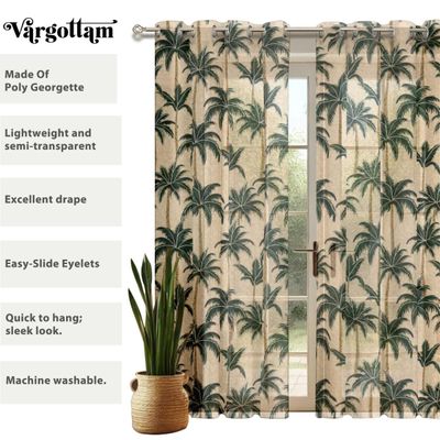 Cortinas Voil Extra Longas com Estampa de Coqueiro para Janelas e Portas de Altura Dupla, 2 Painéis, Ilhós, Georgette Filtrante - Vargottam 106,68 Cm (L) × 182,88 Cm (C) / Verde