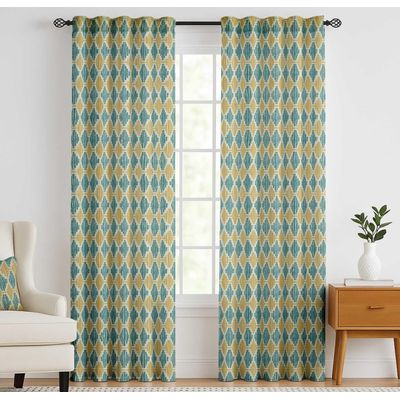 Cortinas de Algodão Extra Longas Para Tetos Altos/Portas Francesas - Filtra Luz, Bolso Varão/Alça Traseira, Jogo 2 Painéis Ikat - Vargottam 132,08 Cm (L) × 160,02 Cm (C) / Azul