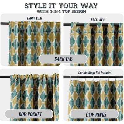 Cortinas de Algodão Extra Longas Para Tetos Altos/Portas Francesas - Filtra Luz, Bolso Varão/Alça Traseira, Jogo 2 Painéis Ikat - Vargottam 132,08 Cm (L) × 160,02 Cm (C) / Azul