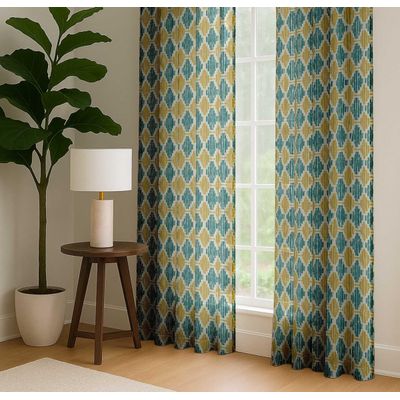 Cortinas de Algodão Extra Longas Para Tetos Altos/Portas Francesas - Filtra Luz, Bolso Varão/Alça Traseira, Jogo 2 Painéis Ikat - Vargottam 132,08 Cm (L) × 160,02 Cm (C) / Azul