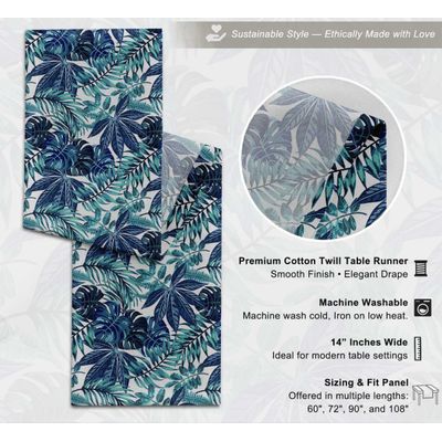Caminho de Mesa de Algodão com Estampa Tropical de Folhas, 36 cm de Largura, Tecido Twill Premium para Mesas e Aparadores - Vargottam 35,56 Cm (L) × 182,88 Cm (C) / Azul
