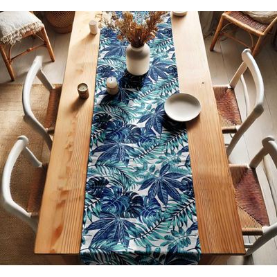 Caminho de Mesa de Algodão com Estampa Tropical de Folhas, 36 cm de Largura, Tecido Twill Premium para Mesas e Aparadores - Vargottam 35,56 Cm (L) × 182,88 Cm (C) / Azul