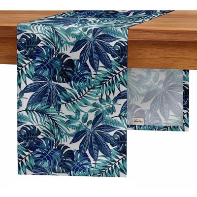Caminho de Mesa de Algodão com Estampa Tropical de Folhas, 36 cm de Largura, Tecido Twill Premium para Mesas e Aparadores - Vargottam 35,56 Cm (L) × 182,88 Cm (C) / Azul