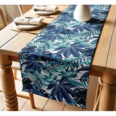 Caminho de Mesa de Algodão com Estampa Tropical de Folhas, 36 cm de Largura, Tecido Twill Premium para Mesas e Aparadores - Vargottam 35,56 Cm (L) × 182,88 Cm (C) / Azul