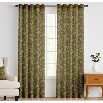 Cortinas Extra Longas de Algodão para Tetos Altos/Portas Francesas - Filtra Luz, Canaleta/Alças - 2 Painéis - Flores Botânicas - Vargottam 132,08 Cm (L) × 182,88 Cm (C) / Verde