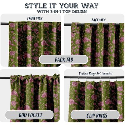 Cortinas Extra Longas de Algodão para Tetos Altos/Portas Francesas - Filtra Luz, Canaleta/Alças - 2 Painéis - Flores Botânicas - Vargottam 132,08 Cm (L) × 182,88 Cm (C) / Verde