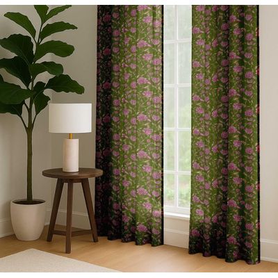 Cortinas Extra Longas de Algodão para Tetos Altos/Portas Francesas - Filtra Luz, Canaleta/Alças - 2 Painéis - Flores Botânicas - Vargottam 132,08 Cm (L) × 182,88 Cm (C) / Verde