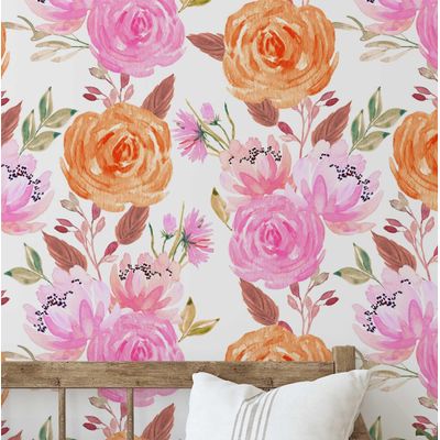 Papel de Parede Buquê de Rosas Aquarela Rosa Autoadesivo em Vinil Decorativo Fácil DIY Para Quarto e Sala - S4Sassy 63,5 cm (L) × 304,8 cm (C) / Rosa - Vinil Liso