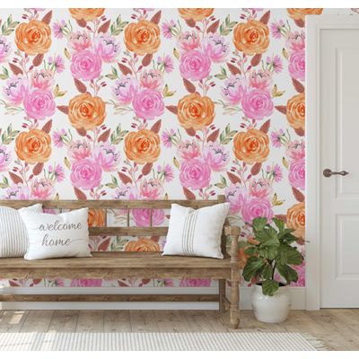 Papel de Parede Buquê de Rosas Aquarela Rosa Autoadesivo em Vinil Decorativo Fácil DIY Para Quarto e Sala - S4Sassy 63,5 cm (L) × 304,8 cm (C) / Rosa - Vinil Liso