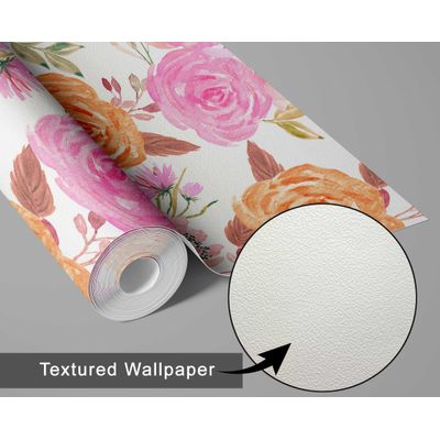 Papel de Parede Buquê de Rosas Aquarela Rosa Autoadesivo em Vinil Decorativo Fácil DIY Para Quarto e Sala - S4Sassy 63,5 cm (L) × 914,4 cm (C) / Rosa - Vinil Texturizado