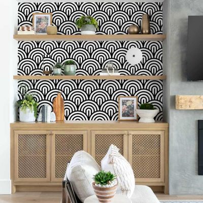 Papel de Parede Geométrico Moderno Semicírculo Preto, Vinil Autoadesivo, Fácil DIY para Quarto e Sala - S4Sassy 63,5 cm (L) × 152,4 cm (C) / Preto - Vinil Texturizado