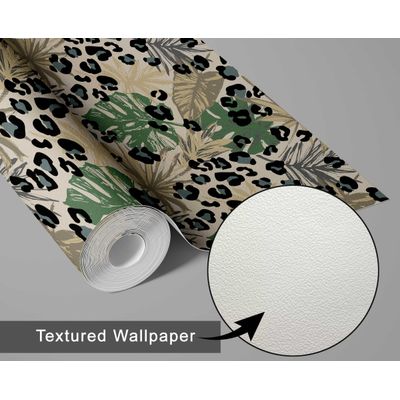 Papel de Parede Folhagem Tropical com Manchas de Leopardo, Vinil Autoadesivo Removível para Quarto e Sala, Verde - S4Sassy 63,5 cm (L) × 914,4 cm (C) / Verde - Vinil Texturizado