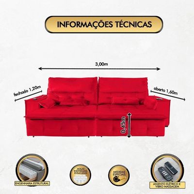 Sofá Fusion 3.00m Elétrico Com Usb E Vibro Massagem - Vermelho