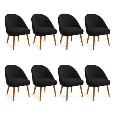 Kit 08 Cadeiras Poltrona De Jantar Estofada Luna Boucle Preto Pés Palito Castanho - Pallazio