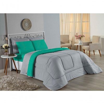 Edredom Solteiro Nobre 1 Peça Dupla Face 1,60m X 2,40m Malha 100% Algodão - Cinza / Jade
