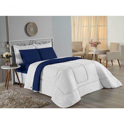 Kit Edredom Dupla Face + Jogo De Lençol Casal Nobre 6 Peças Malha 100% Algodão - Branco / Azul-marinho