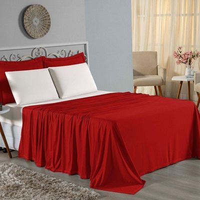 Jogo De Cama Solteiro Nobre 3 Peças Lençol Com Elástico De 30cm De Altura Malha 100% Algodão - Vermelho / Palha