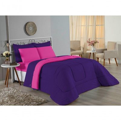Kit Edredom Dupla Face + Jogo De Lençol King Nobre 7 Peças Malha 100% Algodão - Roxo / Pink