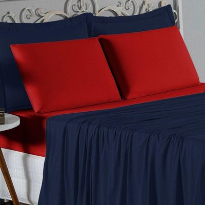 Jogo De Cama Casal Viúva Nobre 4 Peças Malha 100% Algodão - Azul-marinho / Vermelho