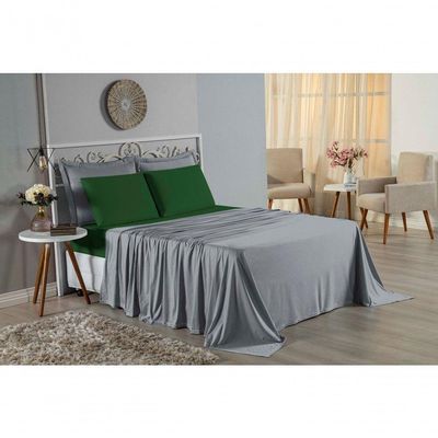 Jogo De Cama Casal Viúva Nobre 4 Peças Malha 100% Algodão - Cinza / Verde-bandeira