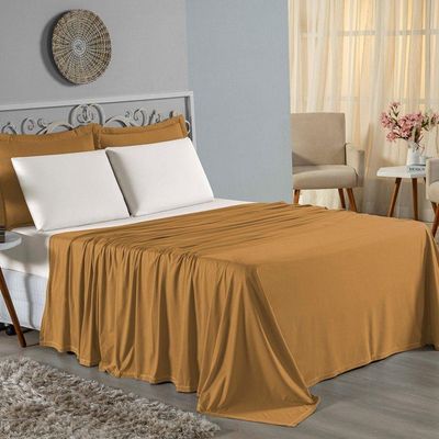 Jogo De Cama King Nobre 4 Peças Lençol Com Elástico De 30cm De Altura Malha 100% Algodão - Cobre / Palha