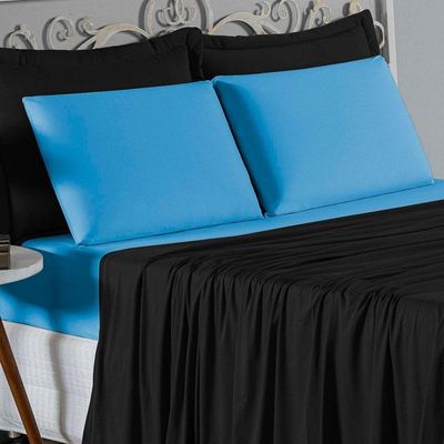 Jogo De Cama King Nobre 4 Peças Lençol Com Elástico De 30cm De Altura Malha 100% Algodão - Preto / Turquesa