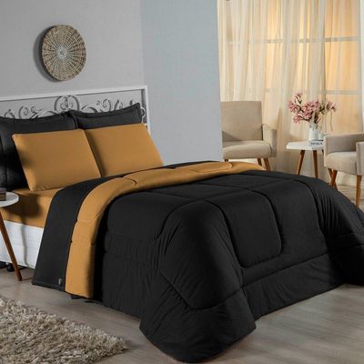 Edredom Queen Nobre 1 Peça Dupla Face 2,20m X 2,40m Malha 100% Algodão - Preto / Cobre