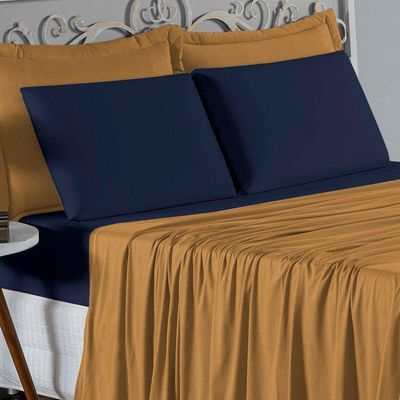 Jogo De Cama Casal Nobre 4 Peças Lençol Com Elástico De 30cm De Altura Malha 100% Algodão - Cobre / Azul-marinho