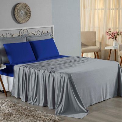 Jogo De Cama Casal Nobre 4 Peças Lençol Com Elástico De 30cm De Altura Malha 100% Algodão - Cinza / Royal