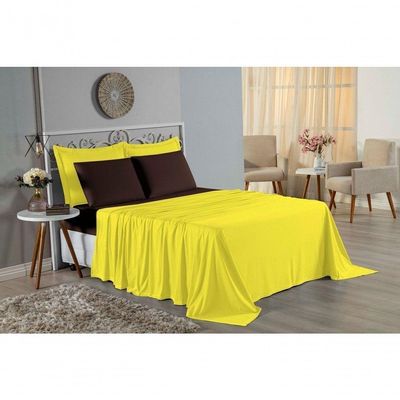 Jogo De Cama Casal Nobre 4 Peças Lençol Com Elástico De 30cm De Altura Malha 100% Algodão - Amarelo / Marrom