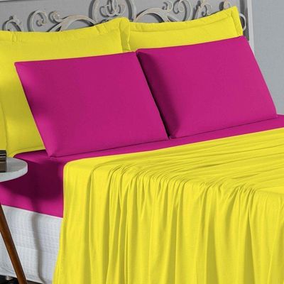 Jogo De Cama Casal Nobre 4 Peças Lençol Com Elástico De 30cm De Altura Malha 100% Algodão - Amarelo / Pink