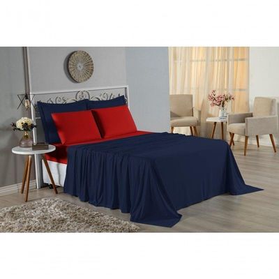 Jogo De Cama Casal Nobre 4 Peças Lençol Com Elástico De 30cm De Altura Malha 100% Algodão - Azul-marinho / Vermelho