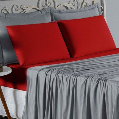 Jogo De Cama Casal Nobre 4 Peças Lençol Com Elástico De 30cm De Altura Malha 100% Algodão - Cinza / Vermelho