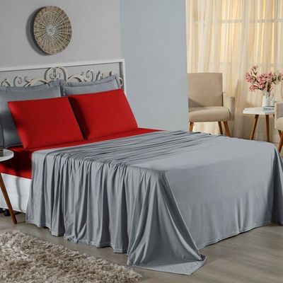 Jogo De Cama Casal Nobre 4 Peças Lençol Com Elástico De 30cm De Altura Malha 100% Algodão - Cinza / Vermelho