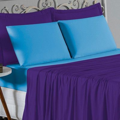 Jogo De Cama Casal Nobre 4 Peças Lençol Com Elástico De 30cm De Altura Malha 100% Algodão - Roxo / Turquesa