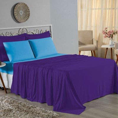 Jogo De Cama Casal Nobre 4 Peças Lençol Com Elástico De 30cm De Altura Malha 100% Algodão - Roxo / Turquesa