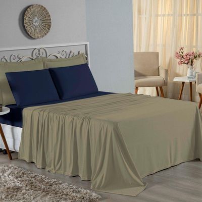Jogo De Cama Casal Viúva Nobre 4 Peças Malha 100% Algodão - Avelã / Azul-marinho