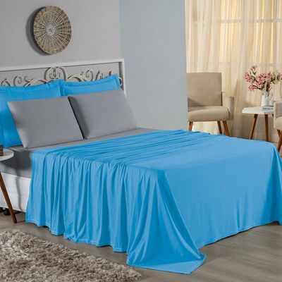 Jogo De Cama Casal Nobre 4 Peças Lençol Com Elástico De 30cm De Altura Malha 100% Algodão - Turquesa / Cinza