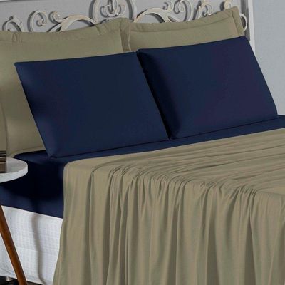 Jogo De Cama Casal Viúva Nobre 4 Peças Malha 100% Algodão - Avelã / Azul-marinho