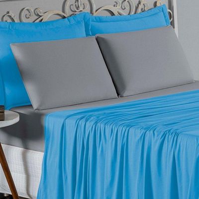 Jogo De Cama Casal Nobre 4 Peças Lençol Com Elástico De 30cm De Altura Malha 100% Algodão - Turquesa / Cinza