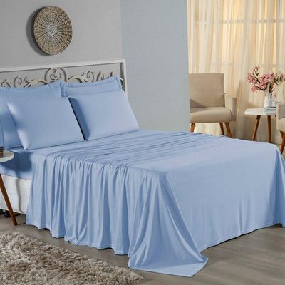 Jogo De Cama Casal Viúva Nobre 4 Peças Malha 100% Algodão - Azul-bebê