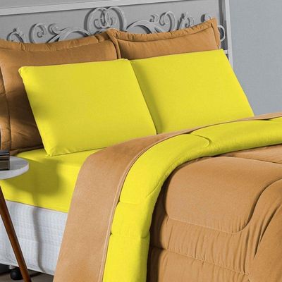 Kit Edredom Dupla Face + Jogo De Lençol Casal Nobre 6 Peças Malha 100% Algodão - Cobre / Amarelo